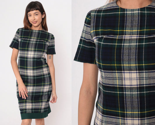 60s Vogue Couturier Plaid Wool Sheath Dress Blue Green Tartan Small