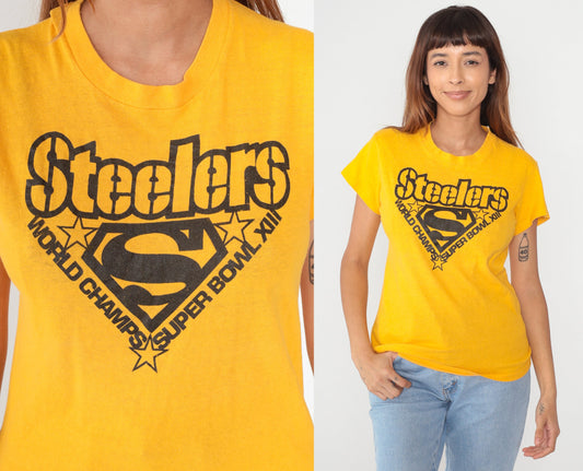 1980s Pittsburgh Steelers Super Bowl XIII Champions Graphic Tee Yellow Medium