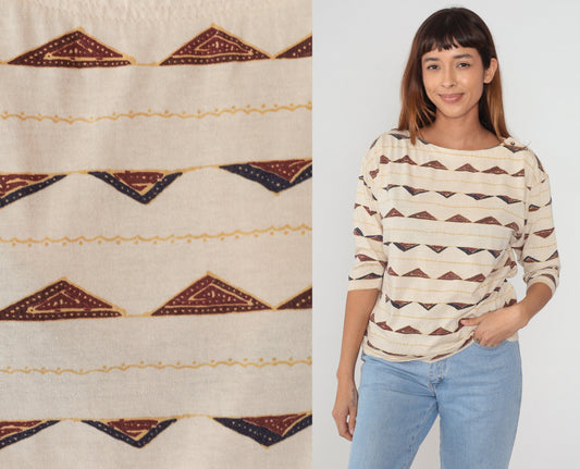 90s Outback Red Triangle Print Button Shoulder Blouse Beige Small