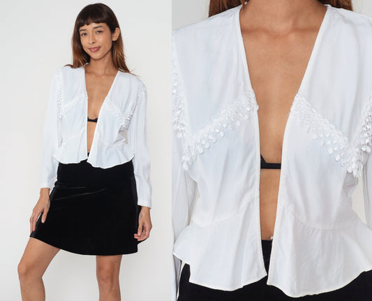 90s White Cropped Jacket Lace Collar Peplum Blazer Small S