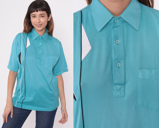 90s Cougar Golf Polo Shirt Blue Geometric Piping Stripes Medium