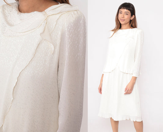 80s White Snakeskin Embossed Midi Dress Puff Sleeve Pearl Beaded Small