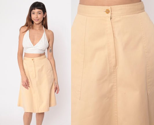 70s Tan A-Line Midi Skirt High Waist Pockets Front Zip Small