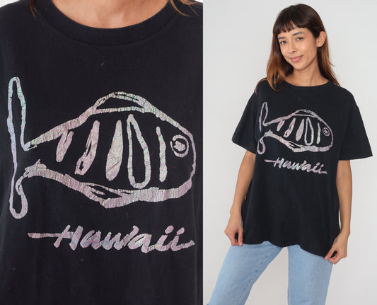 90s Hawaii Iridescent Fish Graphic T-Shirt Black Single Stitch Large L