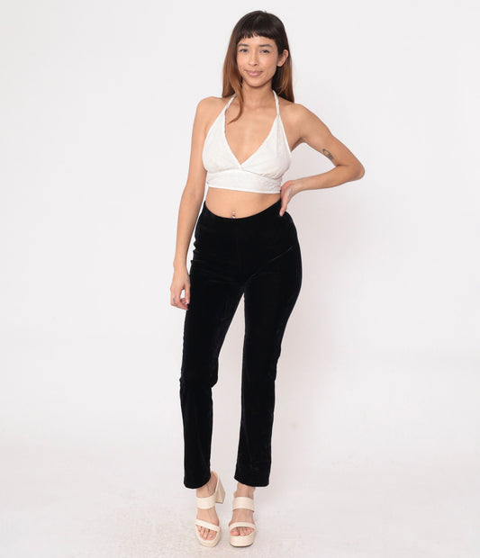 90s Black Velvet Bootcut Pants High Waist Stretch Velour Small
