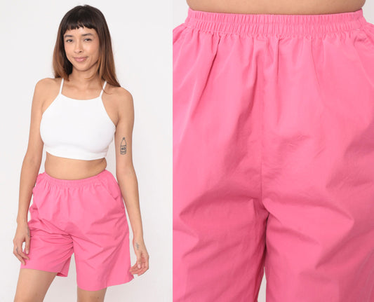 90s Bright Pink Elastic Waist Shorts High Rise Bermuda Small
