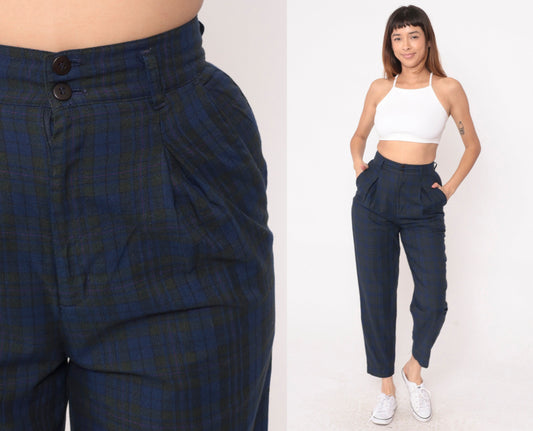 80s Palmettos Tapered Plaid Trousers Blue Charcoal High Waisted Pleated Extra Small