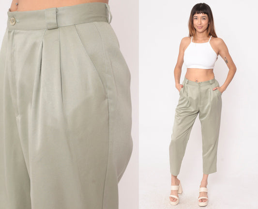 90s Khaki Pleated High-Waist Ankle Trousers Shimmer Petite Medium