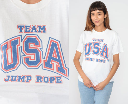 Y2K Team USA Jump Rope Graphic T-Shirt White Cotton Small