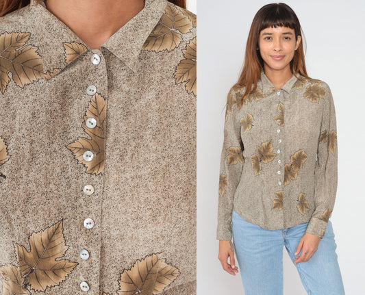 90s Victoria Soie Silk Leaf Print Blouse Brown Button-Up Medium