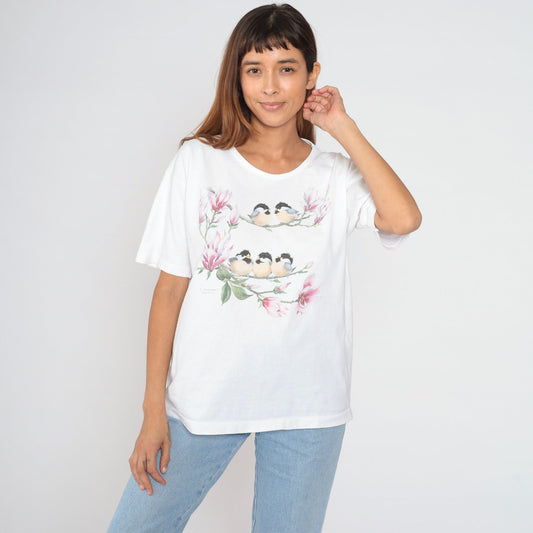 90s Floral Bird Graphic T-Shirt White Cotton Single Stitch Extra Large XL