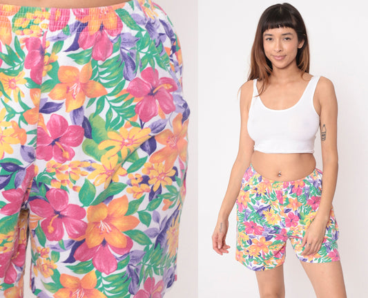 90s Tropical Floral Leaf Print High-Waist Shorts Multicolor Small