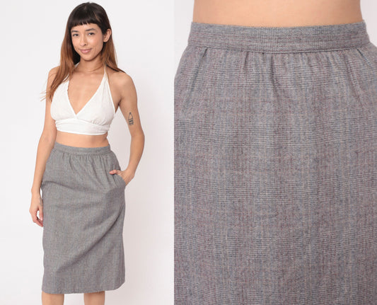 80s Grey Checkered High-Waisted Straight Skirt Pockets Small