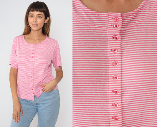 90s Yellow Button-Up Shirt Cotton Blend Short Sleeve Blouse Medium M