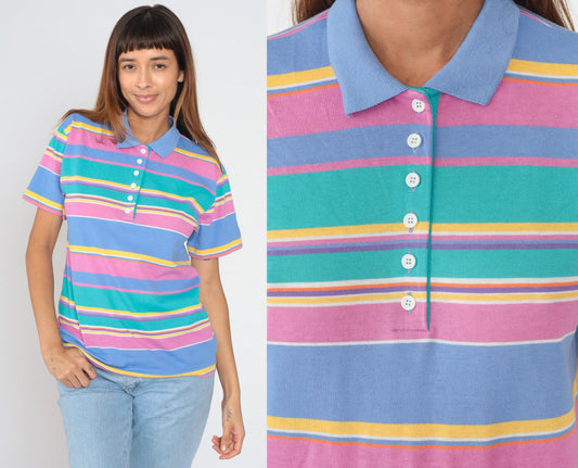 90s Jantzen Striped Polo Shirt Multicolour Half-Button Collared Tee Medium M