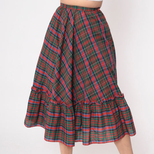 80s Plaid Midi Skirt Red Green Tartan High Waist Flounce Pocket Extra Small