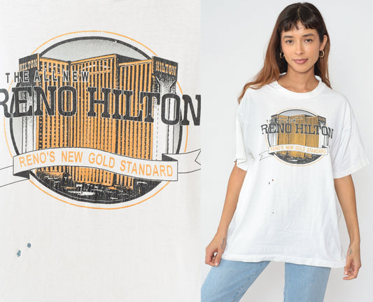 90s Reno Hilton Nevada Hotel Graphic T-Shirt Cotton White Extra Large
