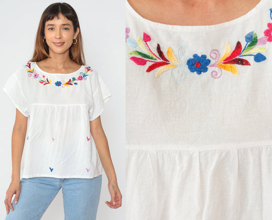 90s Mexican Floral Embroidered Blouse White Cotton Babydoll Empire Waist Small