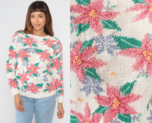 90s Northern Isles Floral Knit Sweater White Pink Green Crewneck Medium M