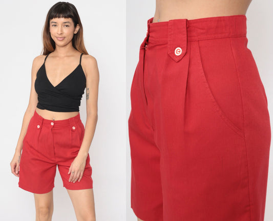 90s Red Pleated High-Waist Trouser Shorts Small 4