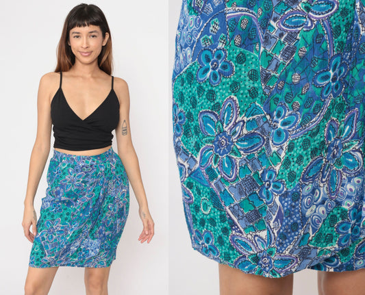 90s Floral Mini Skirt High Waist Faux Wrap Panel Rayon Small