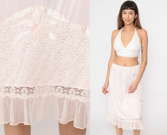 70s Lane Bryant Baby Pink Nylon Slip Skirt Lace Floral Applique Medium Large