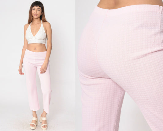 70s Baby Pink Flared Trousers High Waist Embossed Checkered Texture Large