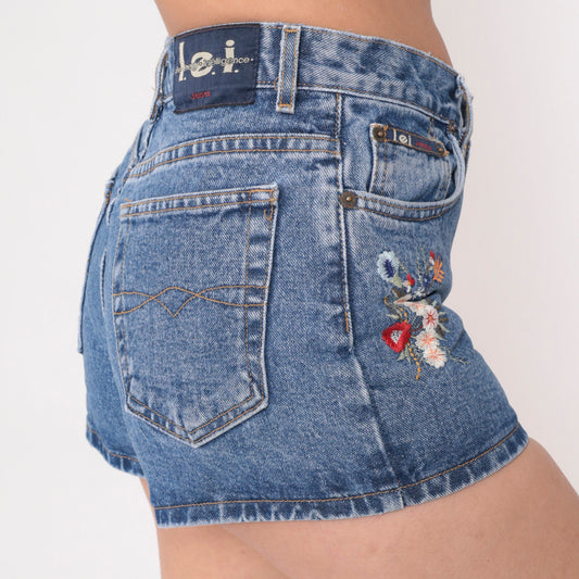 00s LEI Floral Embroidered Denim Shorts Blue Mid Rise Small S