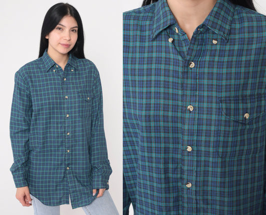90s Chevalier Royale Flannel Shirt Blue Green Plaid Button-Up Medium