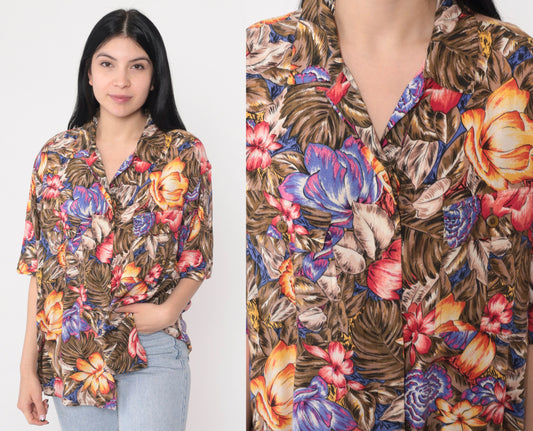 90s Tropical Floral Button-Up Shirt Leaf Print Hawaiian Blouse Plus Size 16W