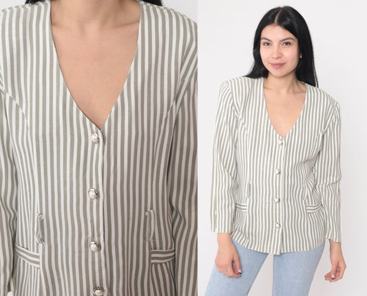90s Striped Puff Sleeve Blouse Button-Up V-Neck Shirt Small S