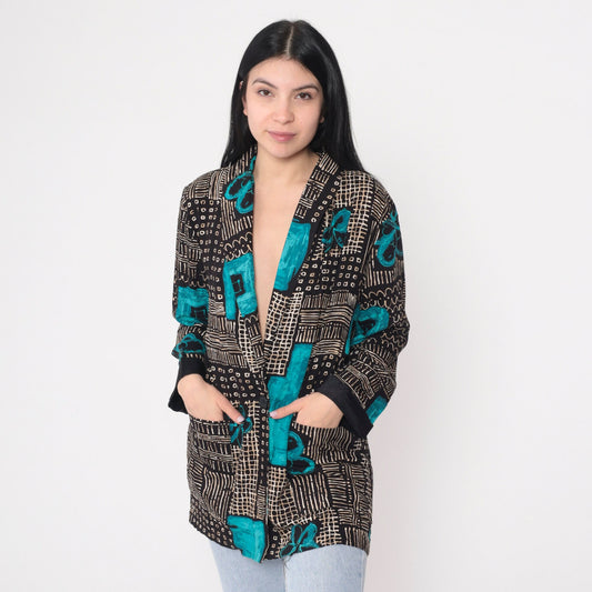 90s Kensington Square Blazer Black White Abstract Floral Print Blue Flowers Large L