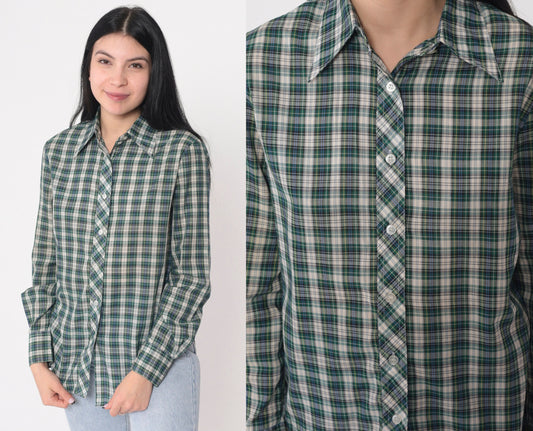 80s Plaid Button-Up Shirt Blue Green White Checkered Long Sleeve Small