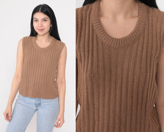 80s Cocoa Brown Ribbed Knit Sweater Vest Scoop Neck Pullover Medium M