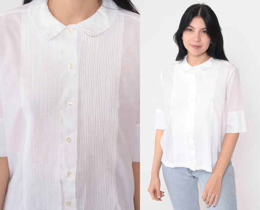 80s Ship n Shore White Button Up Blouse Peter Pan Collar Half Sleeve XS