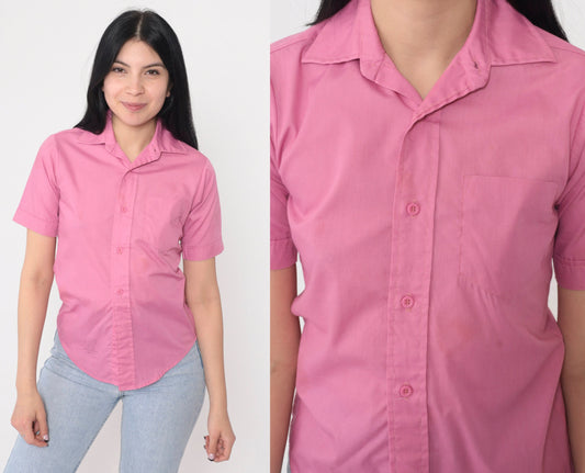 70s Pink Button-Up Shirt Short Sleeve Collared Chest Pocket Extra Small