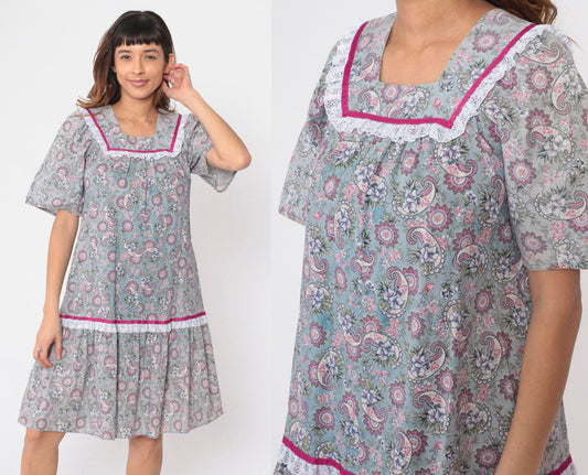80s Paisley Floral Midi Dress Lace Yoke Tent Cut Ruffled Hem Cotton Small