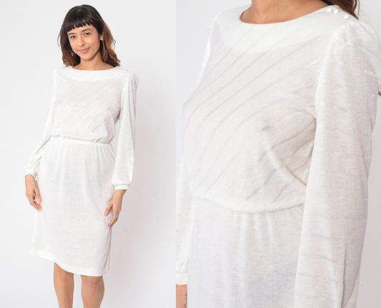 80s White Diagonal Striped Midi Dress Puff Sleeve High Waist Small