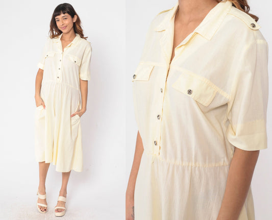 90s Pale Yellow Midi Shirt Dress High Waist Epaulette Button Up Large
