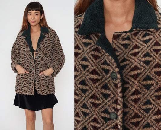 90s Fleece Jacket Abstract Geometric Print Button-Up Tan Green Medium M
