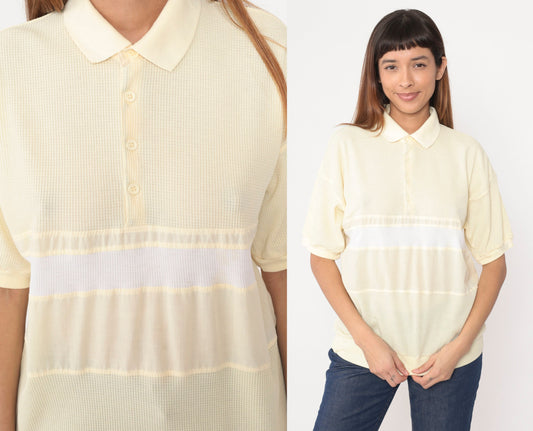 80s Onvoy Polo Shirt Light Yellow Waffle Knit White Stripe Large