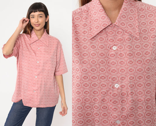 70s Pink Geometric Tile Print Button-Up Shirt Short Sleeve Men's Large