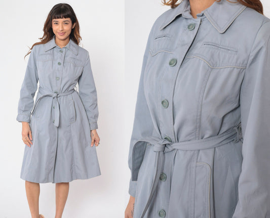 70s Muted Blue Trench Coat Western Yoke Button-Up Belted Jacket Small