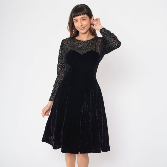 80s Black Velvet Party Dress Illusion Neckline Sparkly Sheer Small