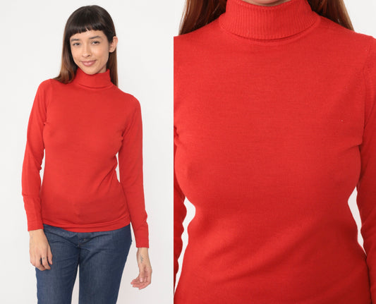 70s Red Wool Blend Turtleneck Sweater Long Sleeve Ribbed Knit Small