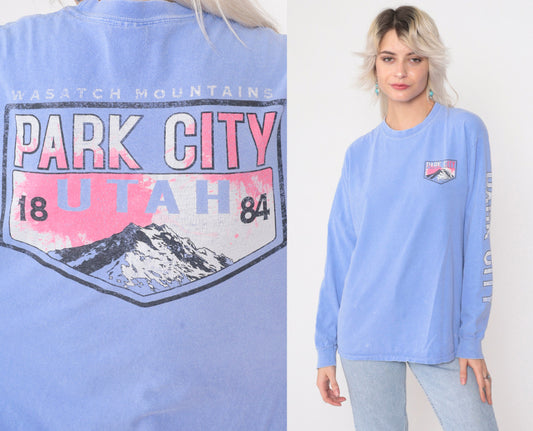 90s Park City Utah Wasatch Mountains Ski Graphic Tee Lavender Long Sleeve Medium