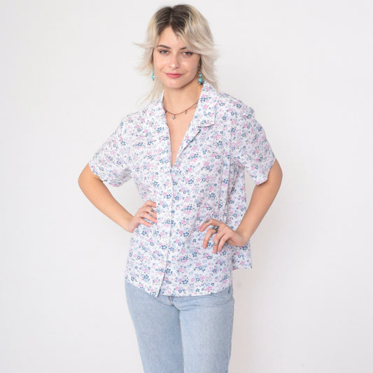 90s Blair White Floral Button Up Blouse Short Sleeve Collar Pink Blue Print Large