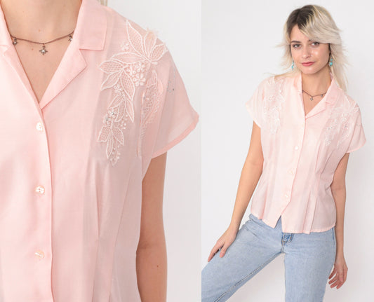 80s Baby Pink Lace Appliqué Button-Up Blouse Silver Studs Short Sleeve Medium