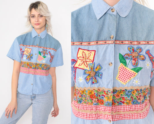 90s Victoria Jones Chambray Blouse Beaded Floral Embroidered Denim Blue Medium Petite