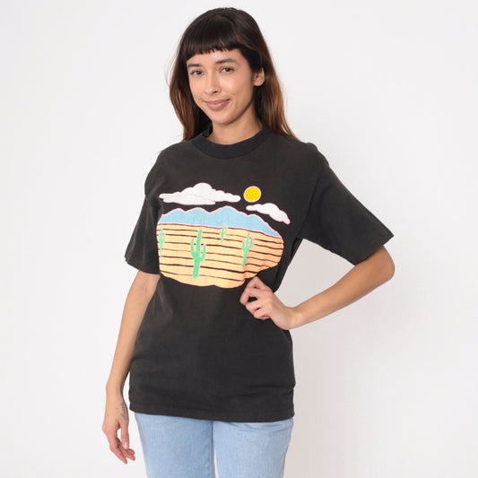 90s Southwest Desert Saguaro Cactus Graphic T-Shirt Black Single Stitch Medium